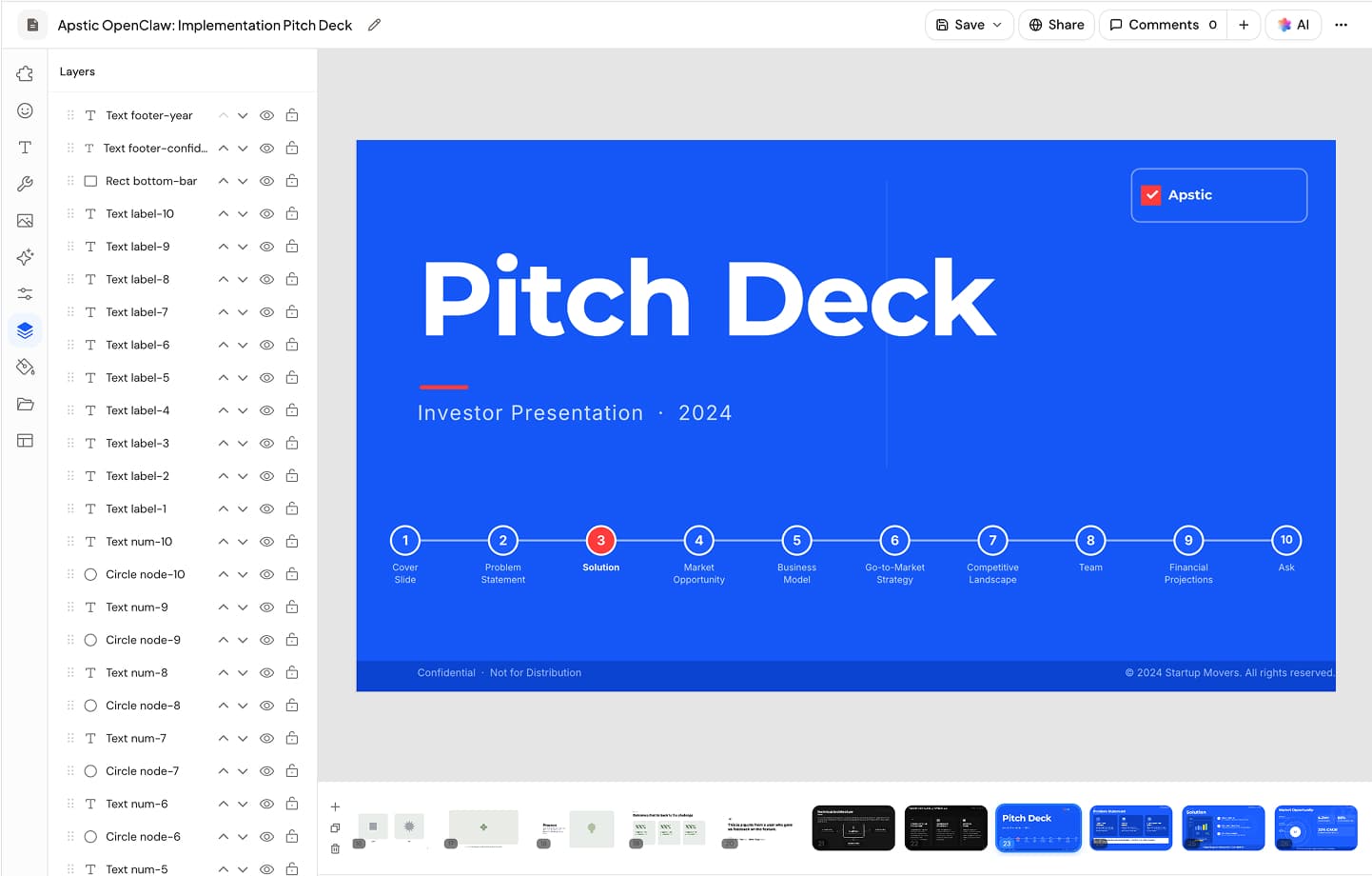 Visual pages editor screenshot: Pitch deck · 16:9