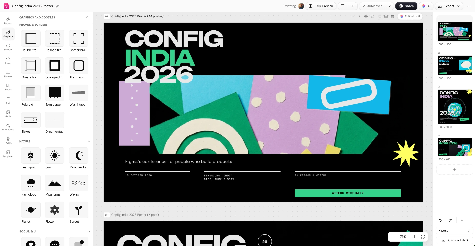 Design editor screenshot: Event poster · 4 formats