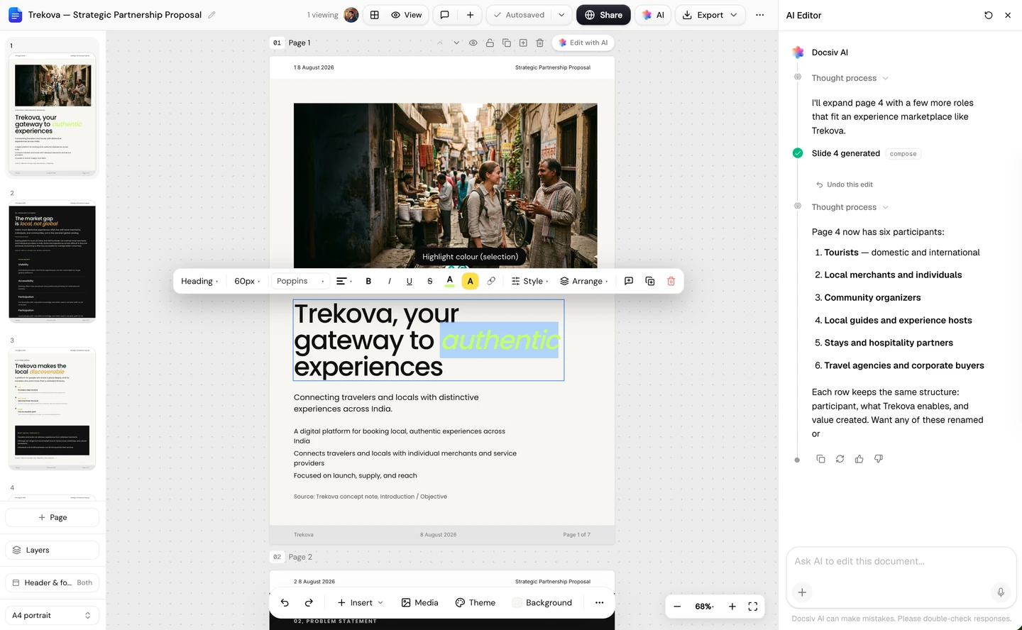 Visual editor screenshot: Visual proposal · A4