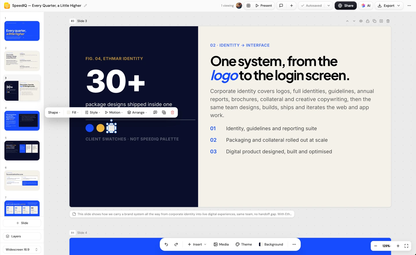 Visual editor screenshot: Pitch deck · 16:9