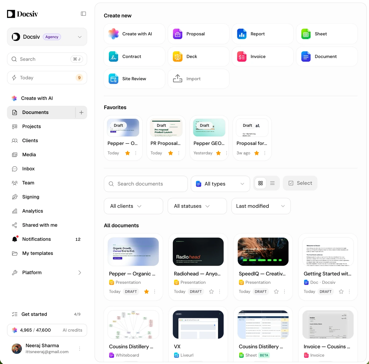The Docsiv workspace dashboard: documents, favourites, and create-new shortcuts